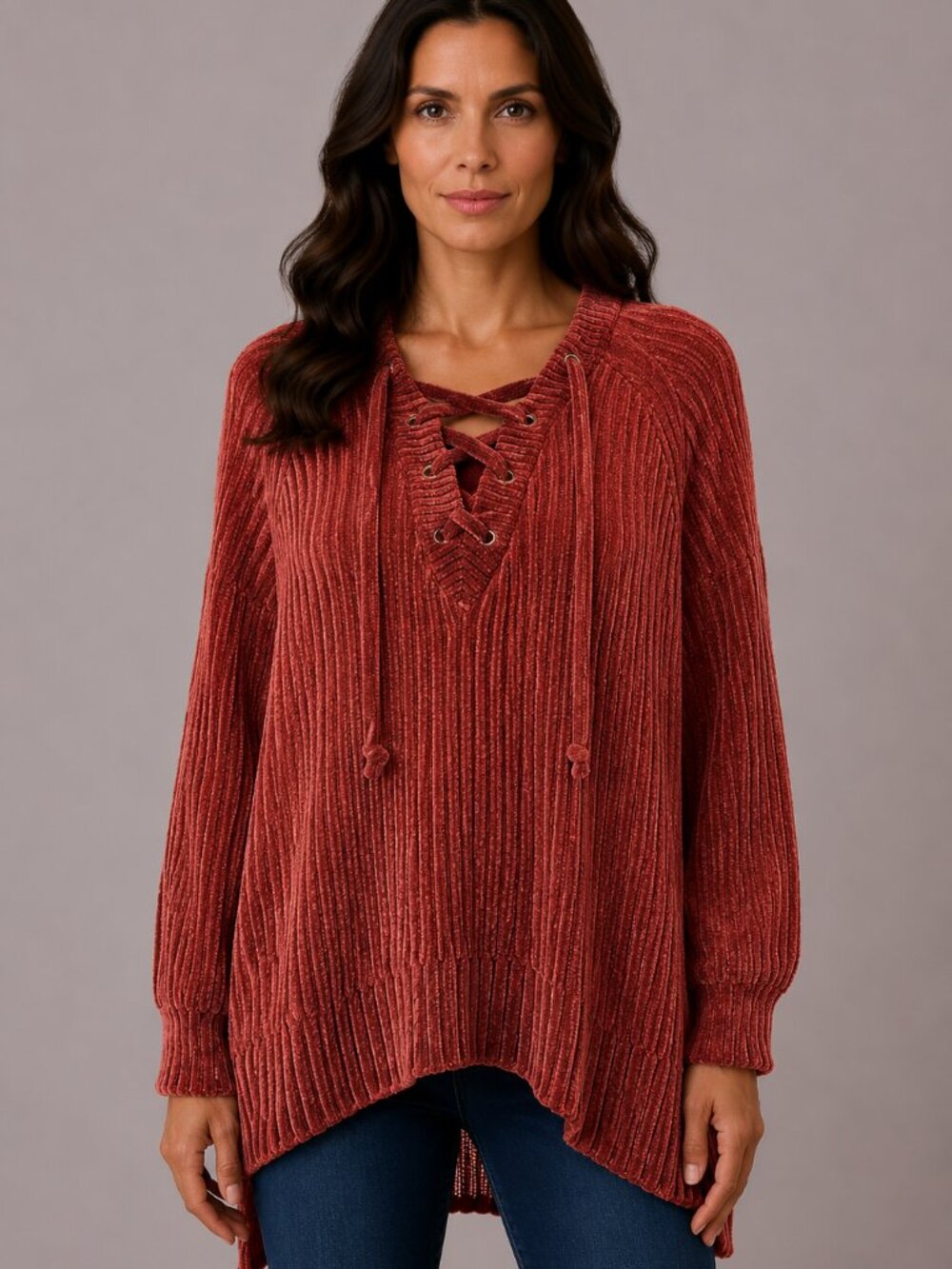 Umgee USA 1XL Burgundy Chenille Lace-Up Sweater Oversized High Low Hem